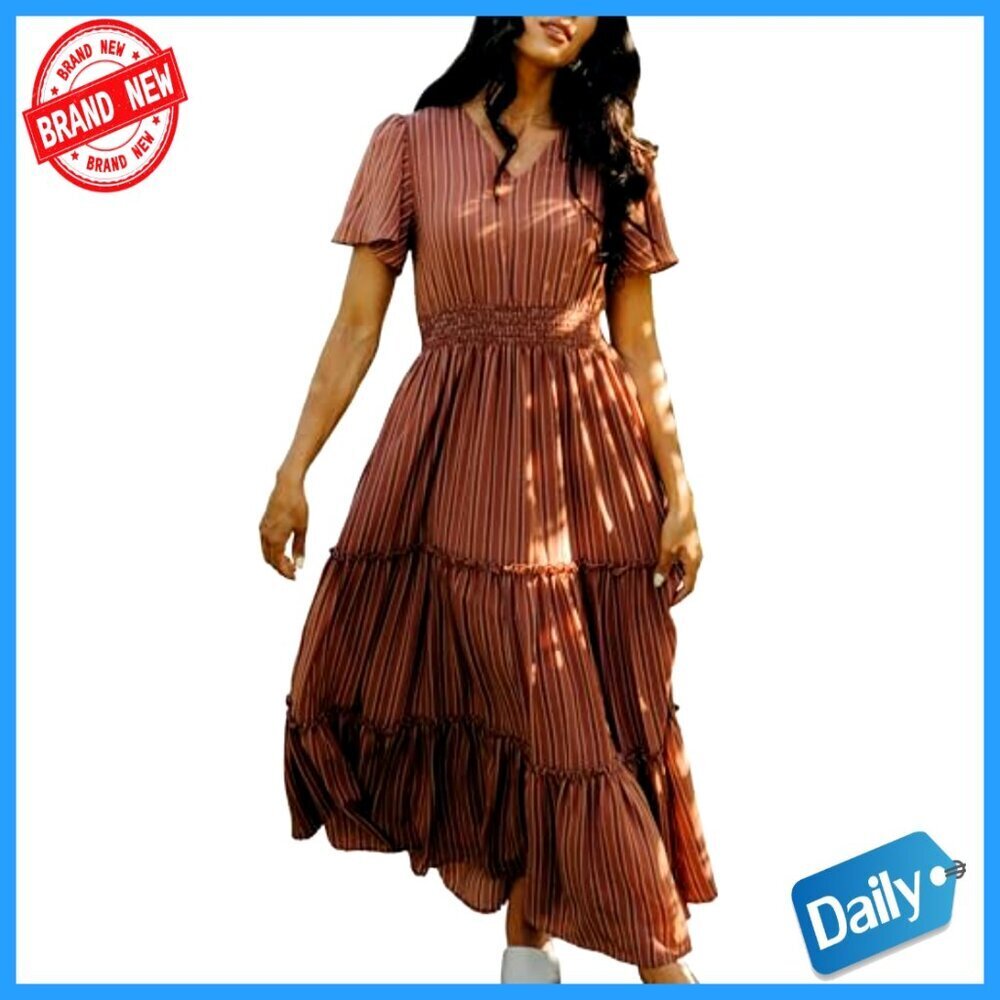Chiffon Midi Dress with Flutter Sleeves Elastic Waist Formal Wear - Picture 2 of 2